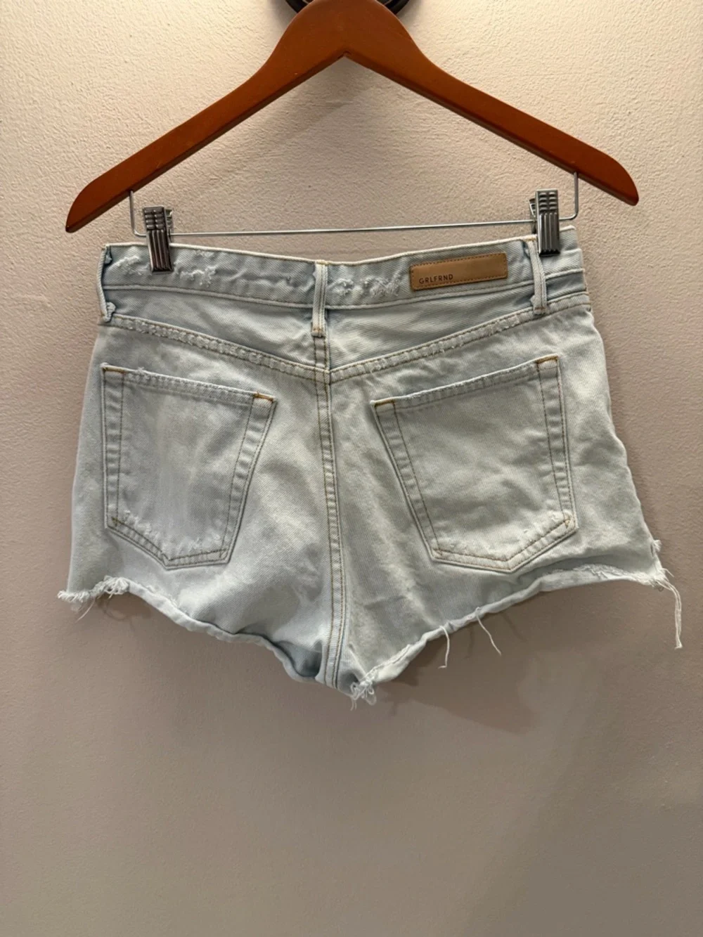 GRLFRND Cindy High Rise Denim Shorts Love Buzz Light Wash Raw Hem 26 Made in USA